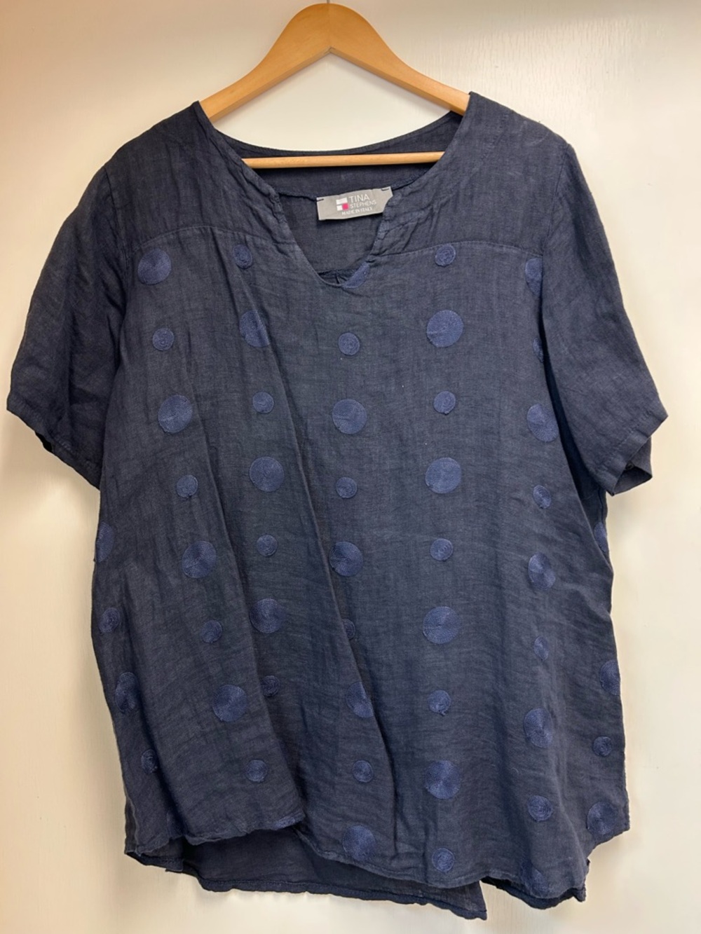 Tina R. Navy Polka Dot Short Sleeve Linen Top